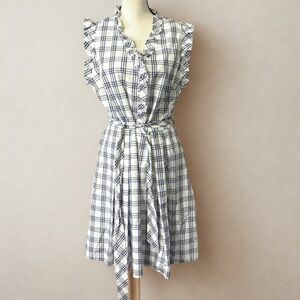 NWT White/Navy Blue Plaid Checkered Ruffle Mini Dress